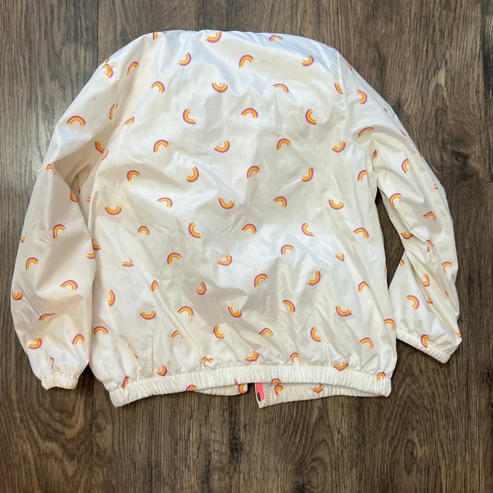 GAP Baby White Hooded Rain Jacket with Pink-Trim Rainbow Print